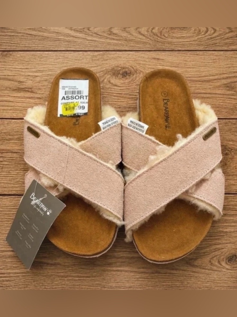 BearPaw Girls Blush Pink Suede Shearling Cross-Strap Slide Sandals